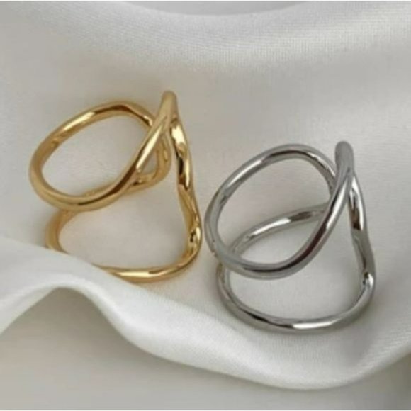Womens Set of Two Silver‎ And Gold Irregular line Open Rings Adjustable - Picture 1 of 10